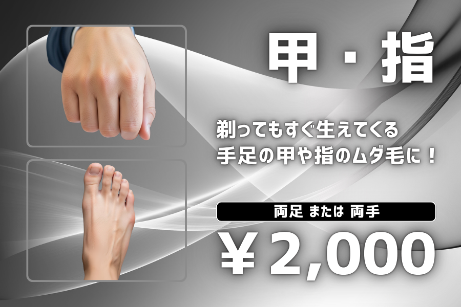甲・指脱毛 剃ってもすぐ生えてくる手足の甲や指のムダ毛に！ 両手または両足 2000円